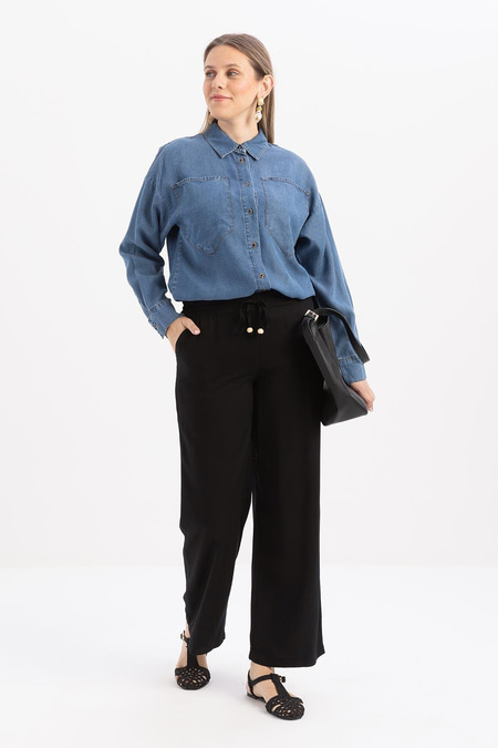 Black-Elastic Waist Denim Trousers