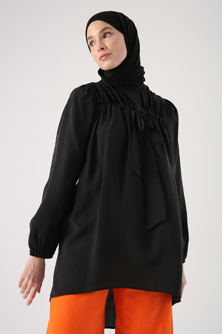 Black-Smocked Bow Detailed Casual Tunic with Buttons on the Back