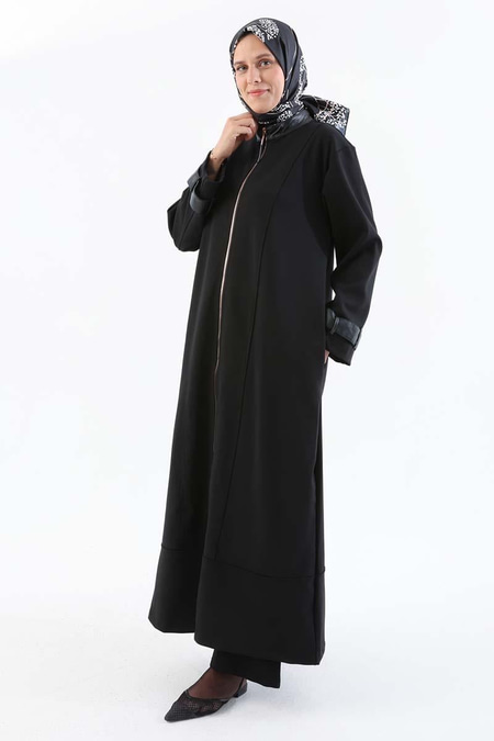 Black-Leather Epaulette Detailed Zippered Abaya