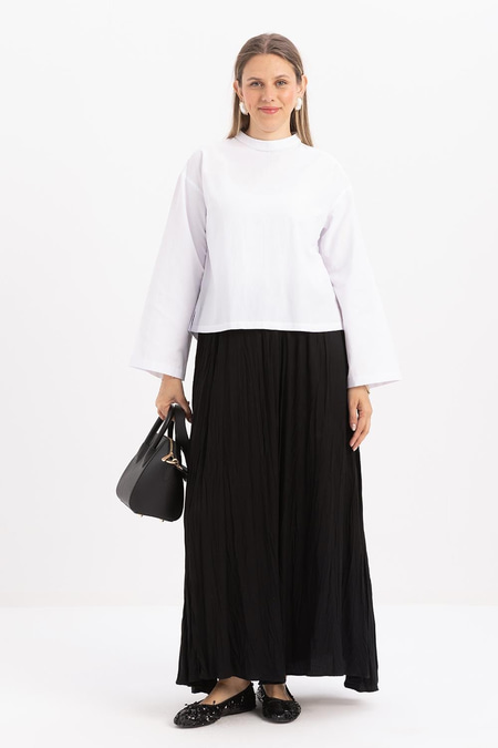 Black-Crumpled Elastic Waist Basic Skirt