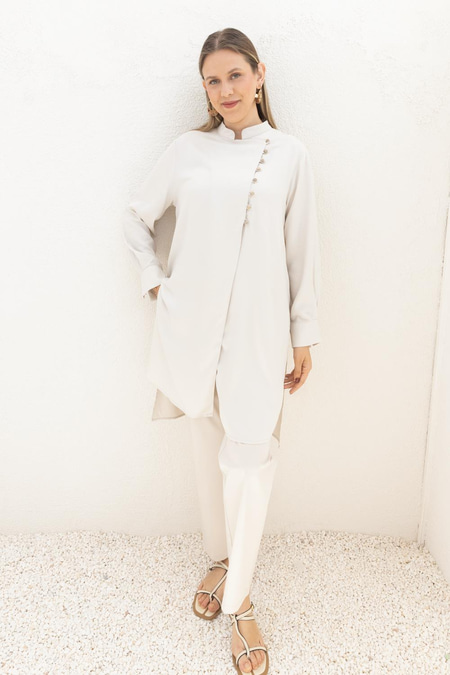 Stone-Half Placket Slit Linen Tunic