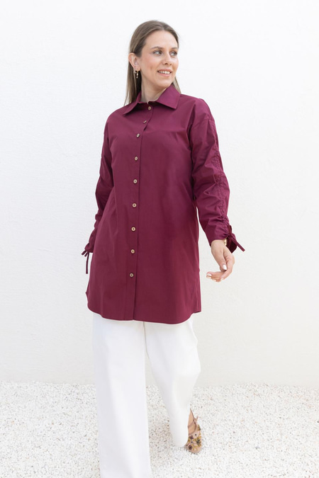 Cherry - Pocketed Shirt With Drawstring Sleeves