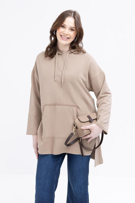 Vizon-Kanguru Cepli Şerit Dantelli Büyük Beden Sweat
