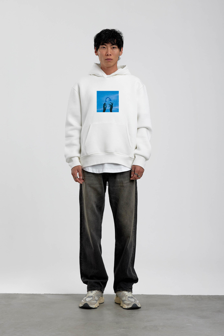 Beyaz El Baskılı Kapüşonlu Sweatshirt