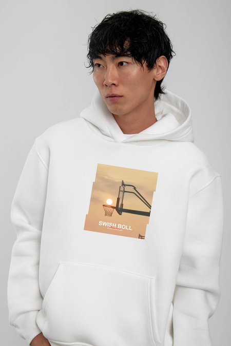 Beyaz Pota Baskılı Kapüşonlu Sweatshirt