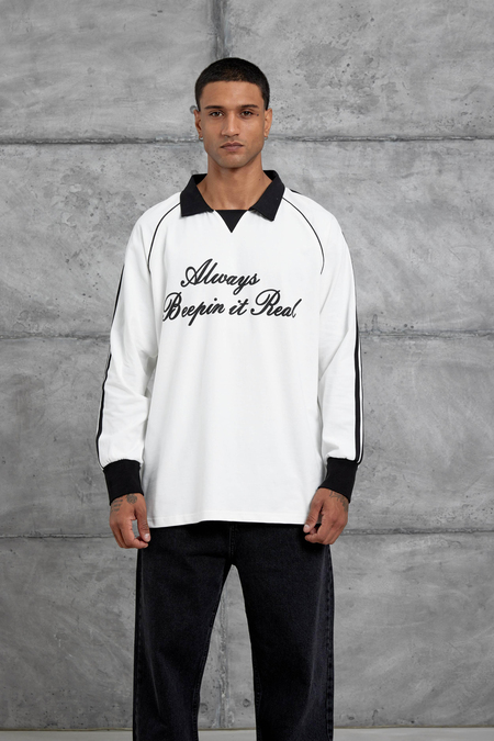 Beyaz Yazı Detaylı Polo Yaka Oversize Sweatshirt