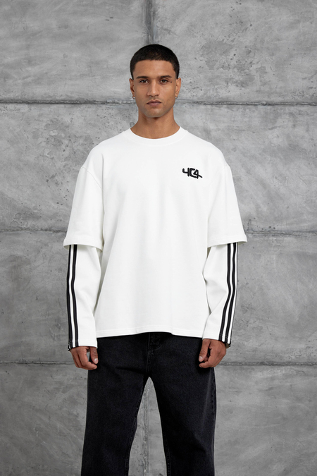 Beyaz Yc4 Oversize Kolu Parçalı  Şerit Detaylı Minimal Tasarım Sweatshirt