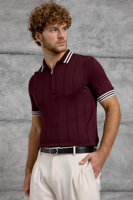Bordo DPP YAKA ÇİZGİLİ TRİKO TSHIRT