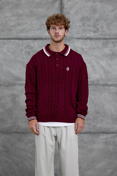 Bordo Gst Polo Yaka Örme Oversize Triko