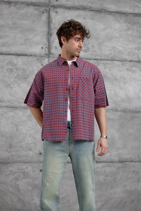 Bordo Kareli Kısa Kol Oversize Gömlek