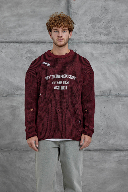 Bordo Nmrc Yırtık Detaylı Oversize Triko
