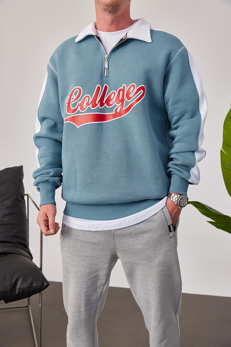 College Yakası Fermuarlı Mavi Sweatshirt