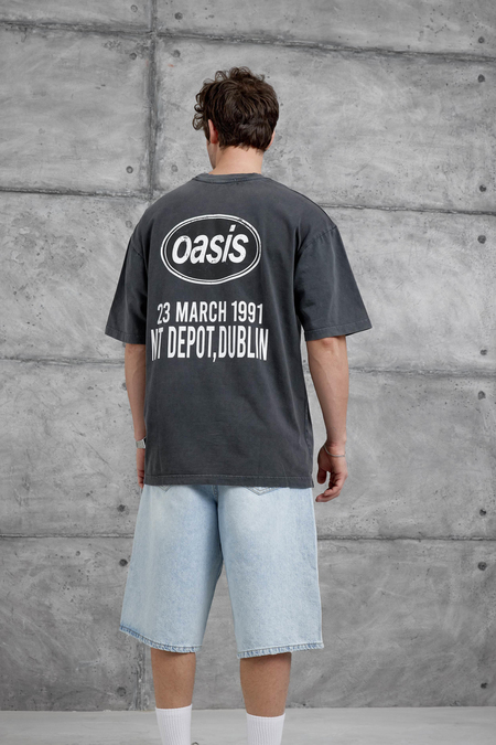 Füme Oasis Yazılı Yıkamalı Oversize Tshirt