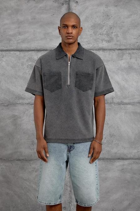 Füme POLO YAKA FERMUARLI YIKAMALI OVERSIZE TSHIRT