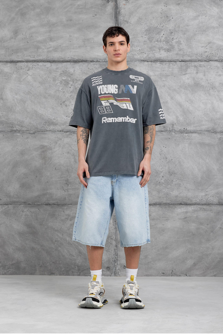 Füme Remember Yazılı Yakımalı Oversize Tshirt