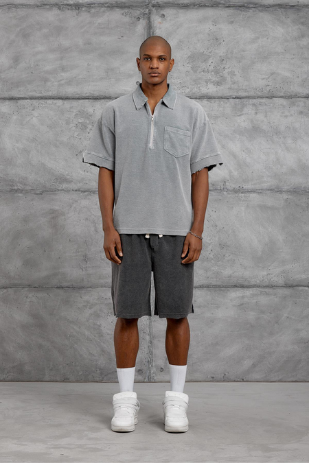 Gri POLO TEK CEPLI FERMUARLI OVERSIZE YIKAMALI TSHIRT