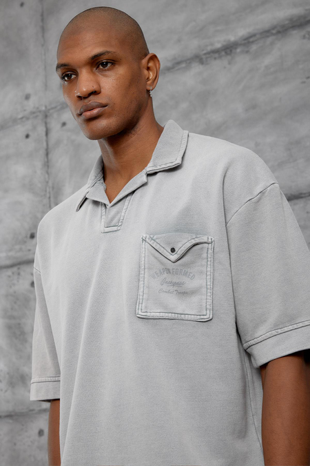 Gri POLO YAKA CEPLI YIKAMALI OVERSIZE TSHIRT