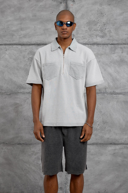 Gri POLO YAKA FERMUARLI YIKAMALI OVERSIZE TSHIRT