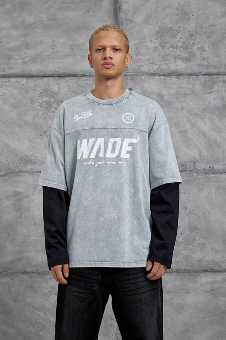 Gri Wade Baskılı Yıkamalı Parça Kollu Oversize Sweatshirt
