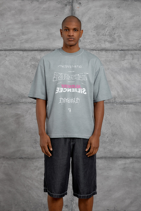 Gri YAZI BASKI YIKAMALI KUMAŞ OVERSIZE TSHIRT