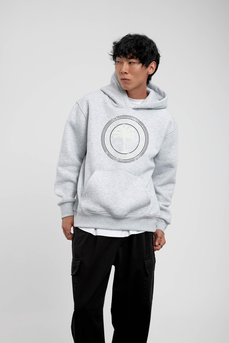 Gri Yazılı Palmiye Baskılı Kapüşonlu Sweatshirt
