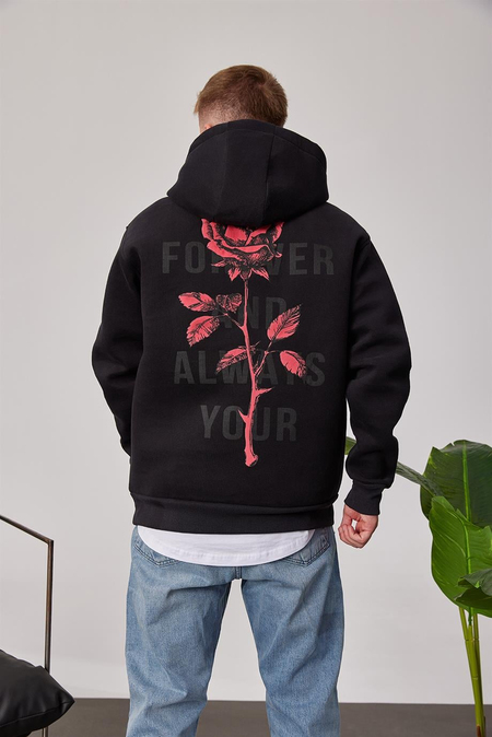 Gül Baskılı Siyah Kapüşonlu Sweatshirt