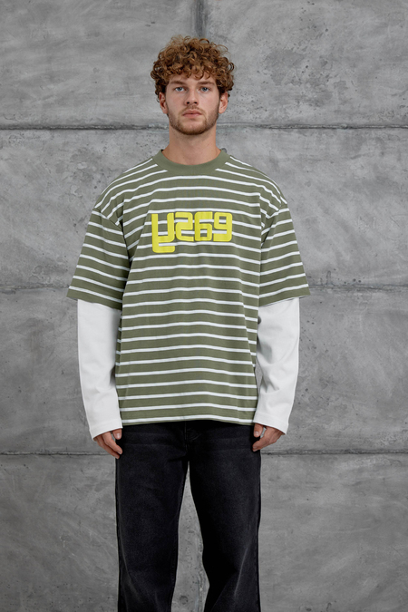 Haki Y269 Parça Kollu Çizgili Oversize Swaetshirt