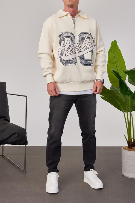 Heerbro Yakası Fermuarlı Krem Sweatshirt