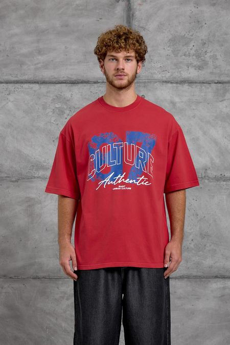 Kırmızı CULTURE BASKI YIKAMALI OVERSIZE TSHIRT