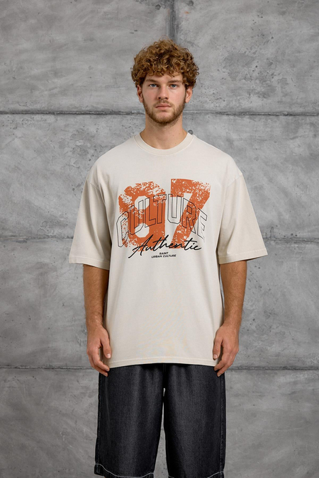 Krem CULTURE BASKI YIKAMALI OVERSIZE TSHIRT