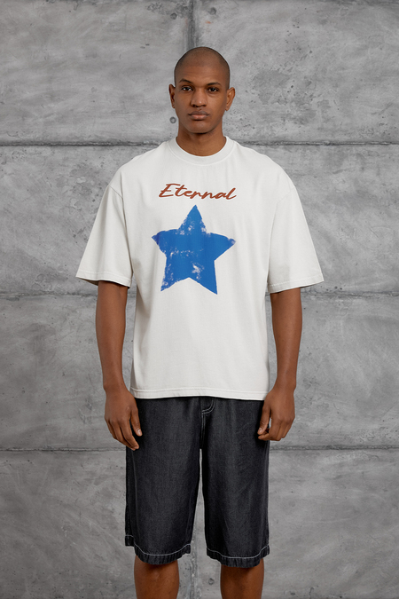 Krem ETERNAL BASKI YIKAMALI OVERSIZE TSHIRT