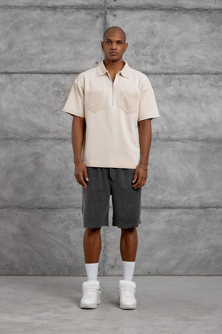 Krem POLO YAKA FERMUARLI YIKAMALI OVERSIZE TSHIRT