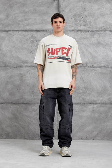 Krem Super Yazılı Oversize Tshirt