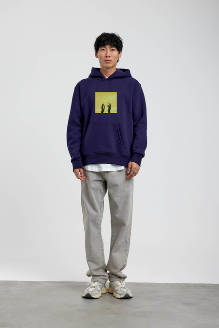 Lacivert El Baskılı Kapüşonlu Sweatshirt