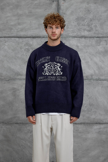 Lacivert Gst Nakış Desenli Oversize Triko