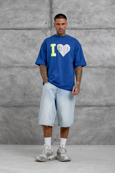 Lacivert Kalp Küpür Baskılı Oversize Tshirt