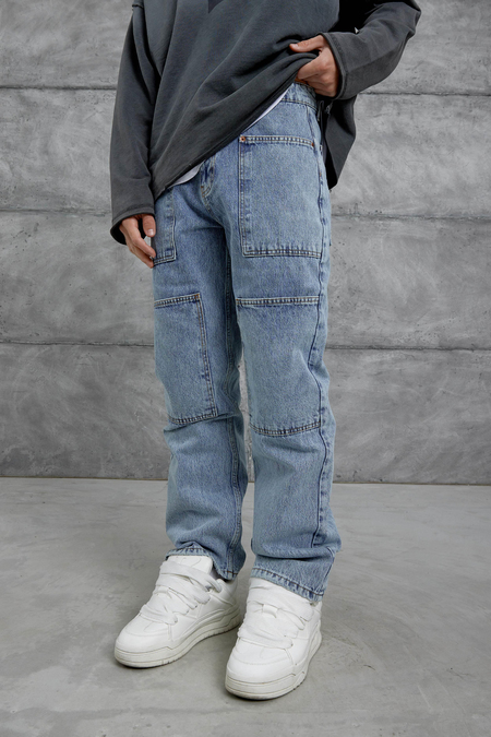 Lacivert Mmx Cep Detaylı Taşlamalı Baggy Jean