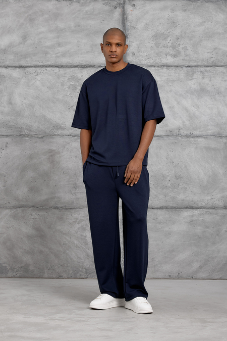 Lacivert OYSHO KUMAŞ BİSİKLET YAKA OVERSIZE TSHIRT