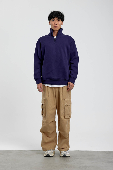 Lacivert Yakası Fermuarlı Basic Şardonlu Sweatshirt