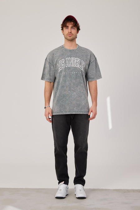 Los Angeles Yazılı Yıkamalı Gri Tshirt