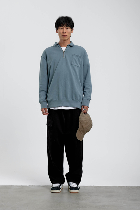 Mavi Tek Cepli Yarım Fermuarlı Yıkamalı Sweatshirt