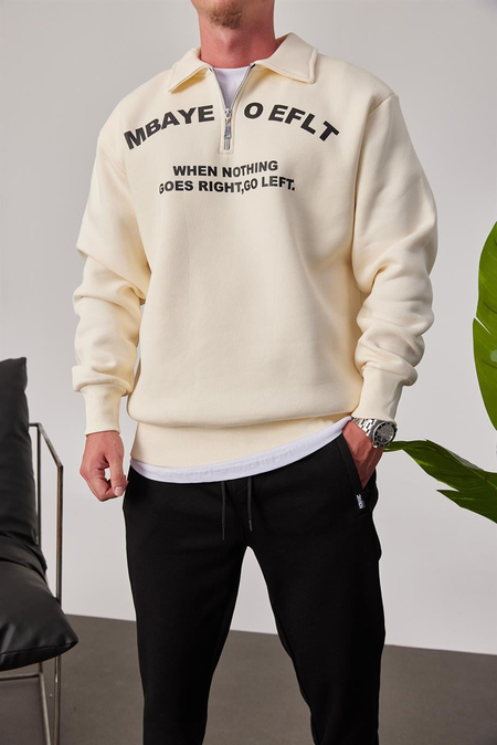 Mbaye Yakası Fermuarlı Krem Sweatshirt