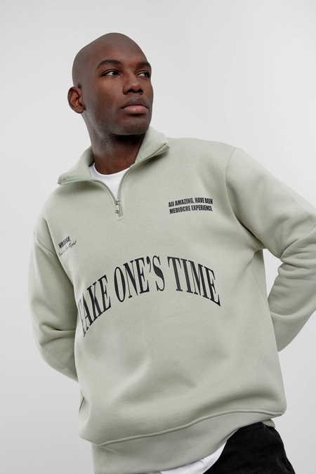 Mint Yeşili Take One's Time Yazılı Yarım Fermuarlı Sweatshirt