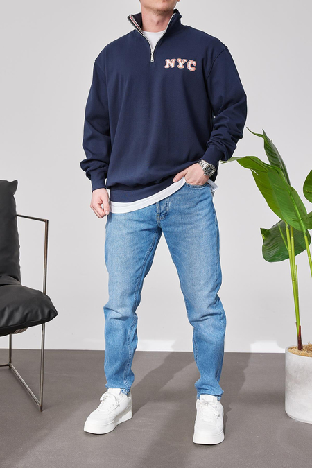 NYC Yakası Fermuarlı Lacivert Sweatshirt