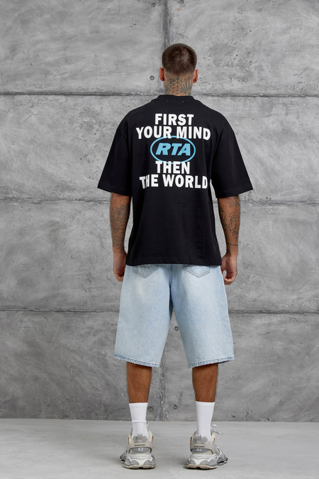 Siyah First Your Mind Yazılı Oversize Tshirt