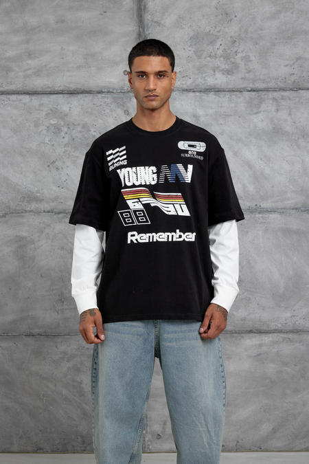 Siyah Remember Baskılı Oversize Kolu Parçalı  Minimal Tasarım Sweatshirt