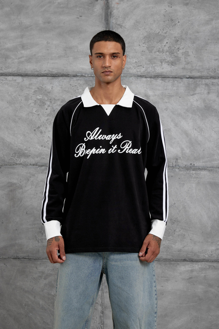 Siyah Yazı Detaylı Polo Yaka Oversize Sweatshirt