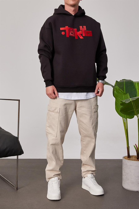 Tokyo Yazılı Siyah Kapüşonlu Sweatshirt