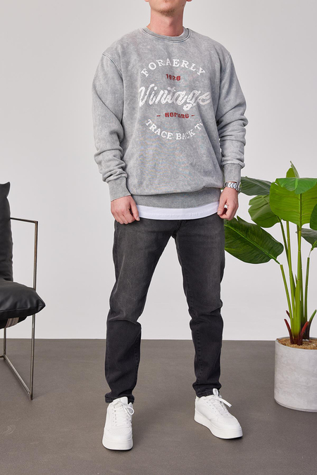 Vintage Beyaz Yazılı Yıkamalı Gri Sweatshirt