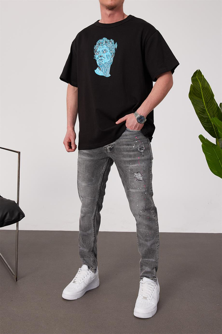 Yazılı Heykel Baskılı Siyah Tshirt